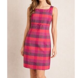 Talbots Retro Plaid Sheath Dress Pink Purple Check Sleeveless Tie Waist Classic